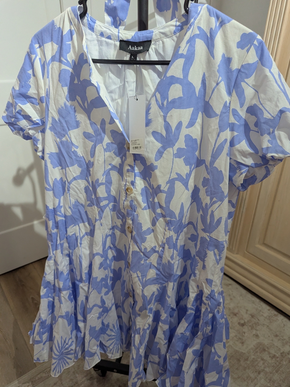 Aakaa White and Light Blue Floral Button-Front Dress